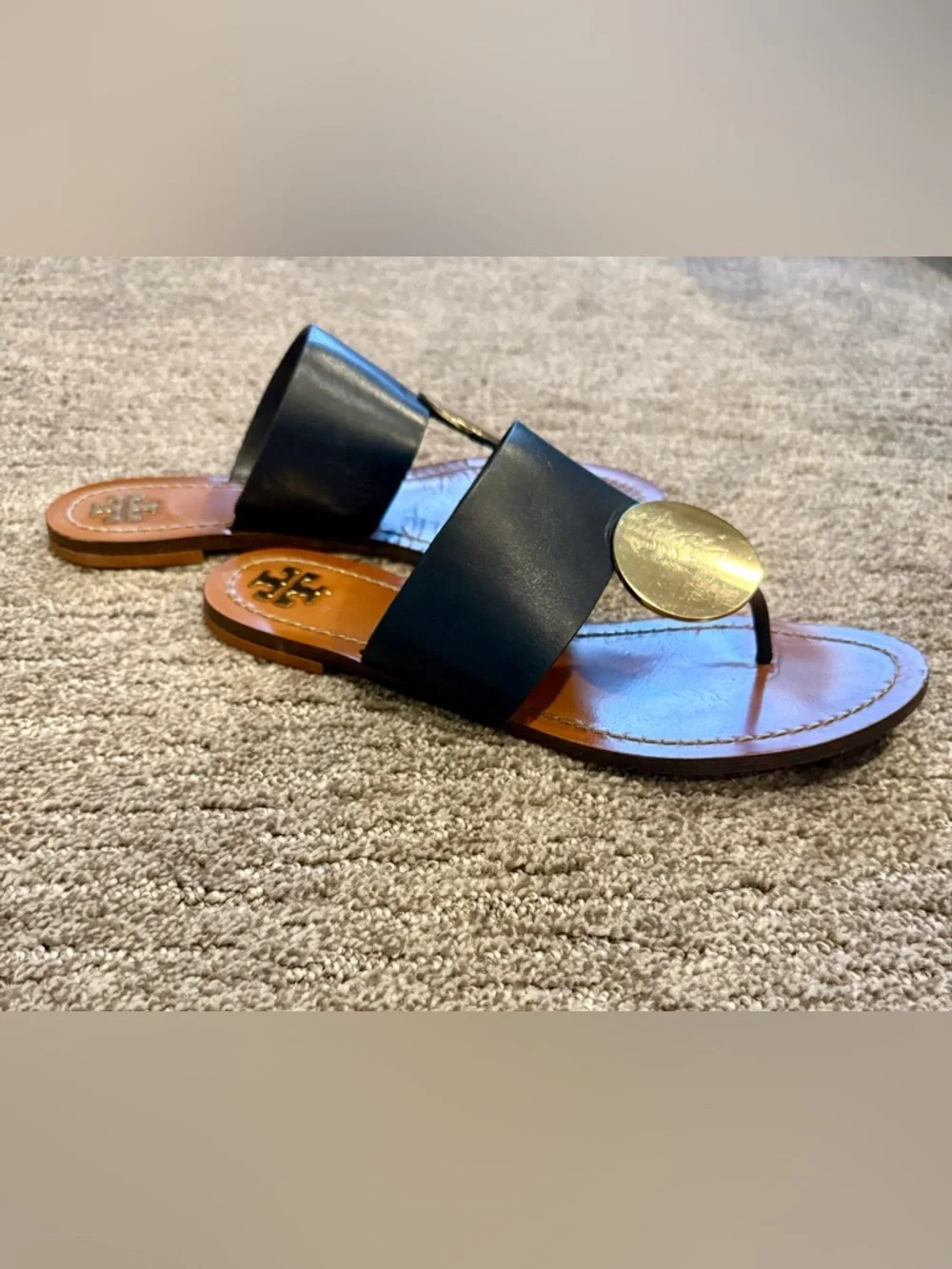 Tory Burch Navy Leather Toe-Post Sandals with Gold Medallion